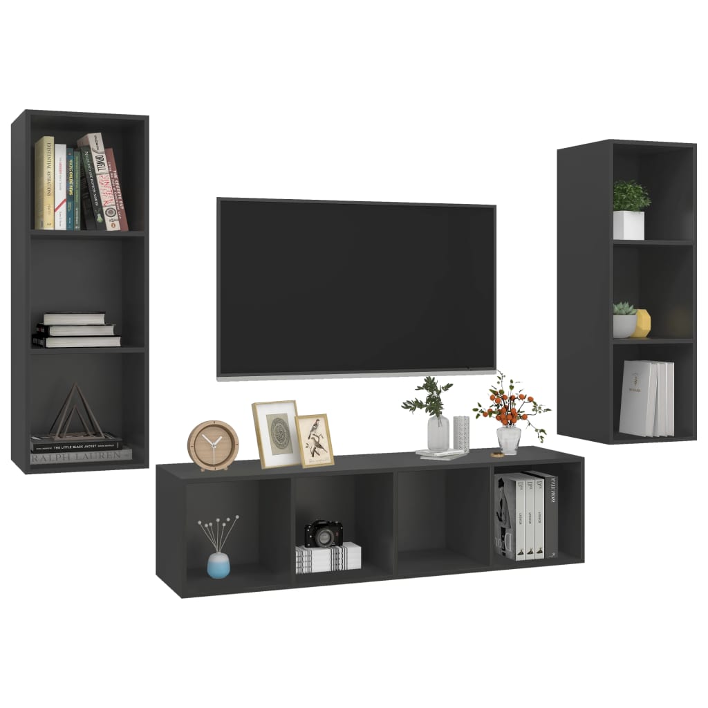 NNEVL 3 Piece TV Cabinet Set Grey Chipboard