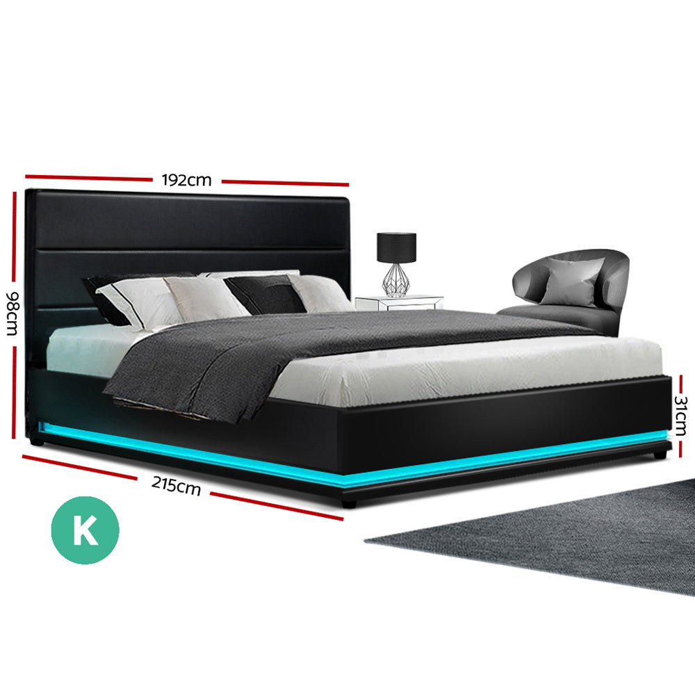 NNEDSZ Artiss Bed Frame King Size LED Gas Lift Black LUMI