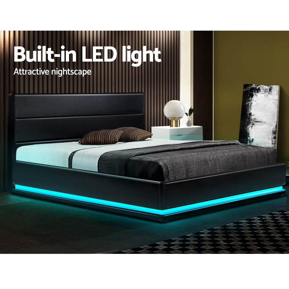 NNEDSZ Artiss Bed Frame King Size LED Gas Lift Black LUMI