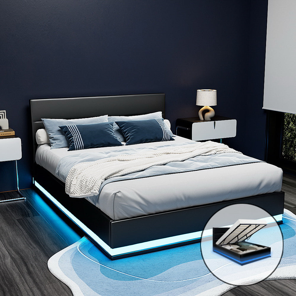 NNEDSZ Artiss Bed Frame King Size LED Gas Lift Black LUMI