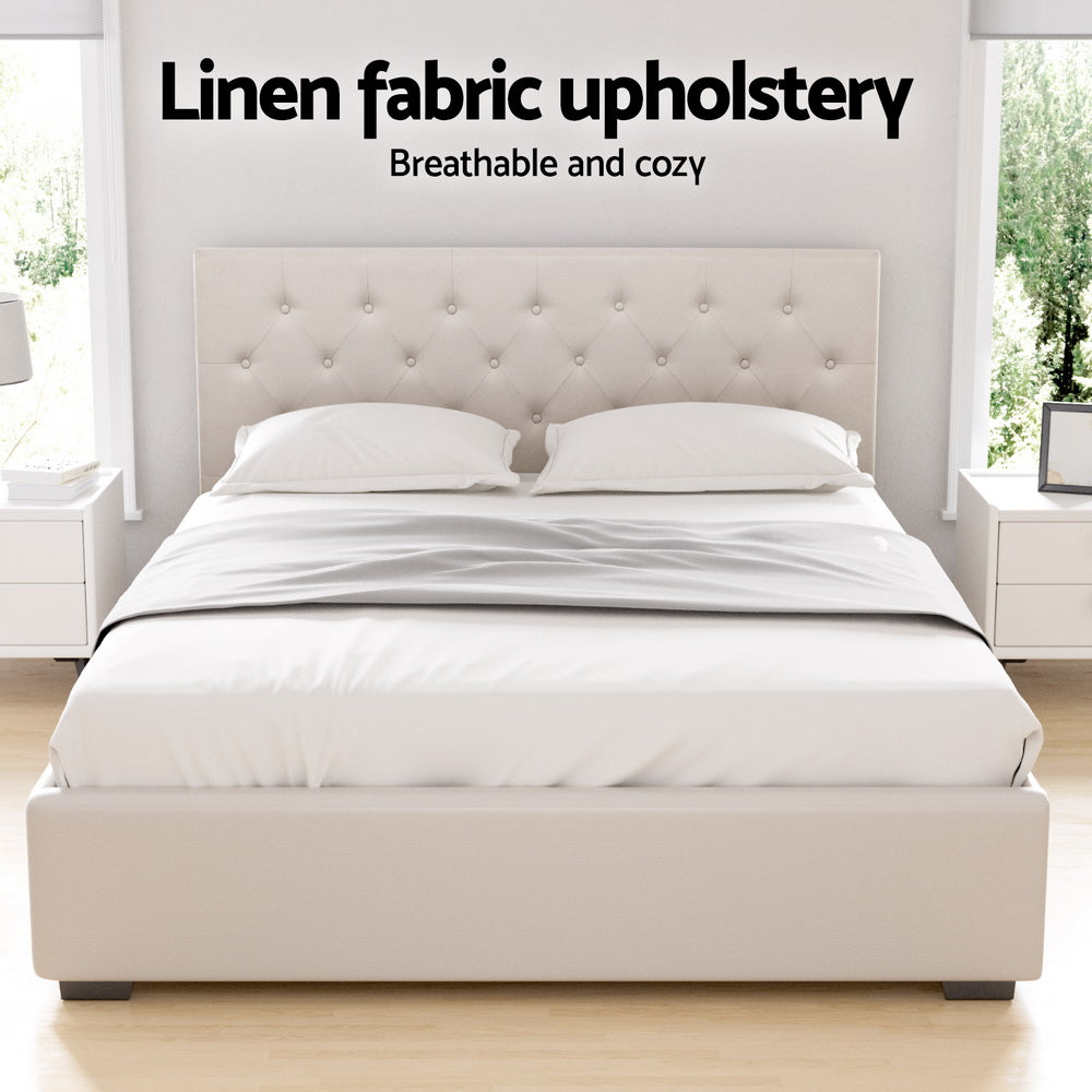 NNEDSZ Artiss Bed Frame Queen Size Gas Lift Beige VILA