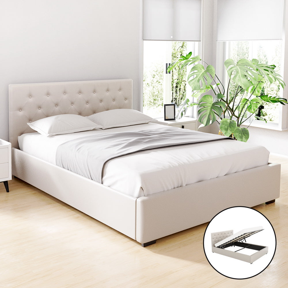 NNEDSZ Artiss Bed Frame Queen Size Gas Lift Beige VILA