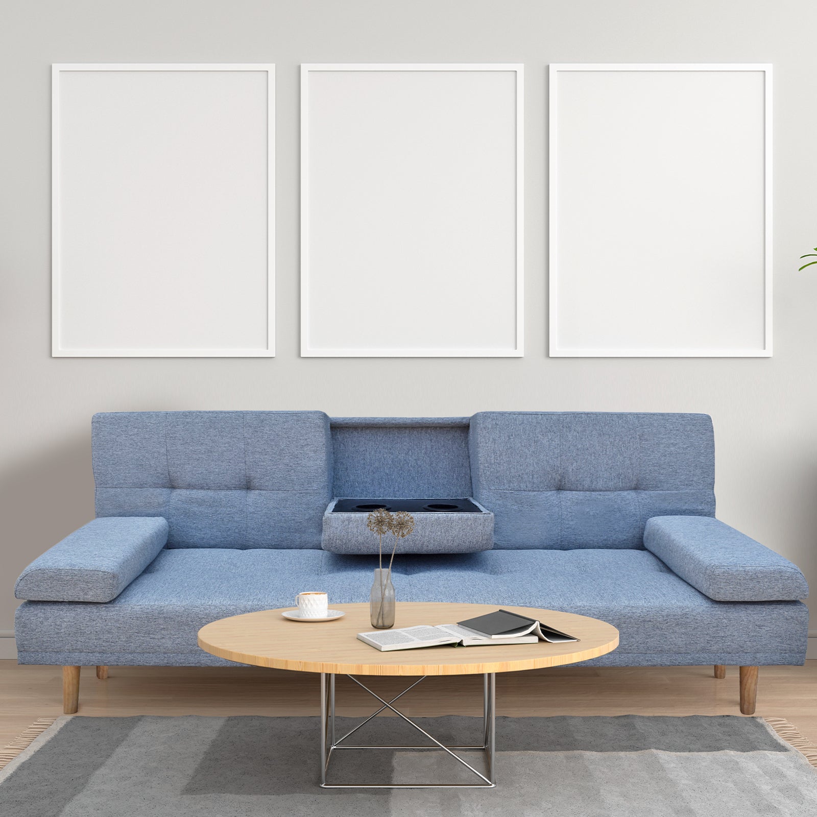 NNEDSZ  Decor Mendoza 2 in 1 Sofa Bed Couch Grey Pull Down Cupholder 3 Seats Futon