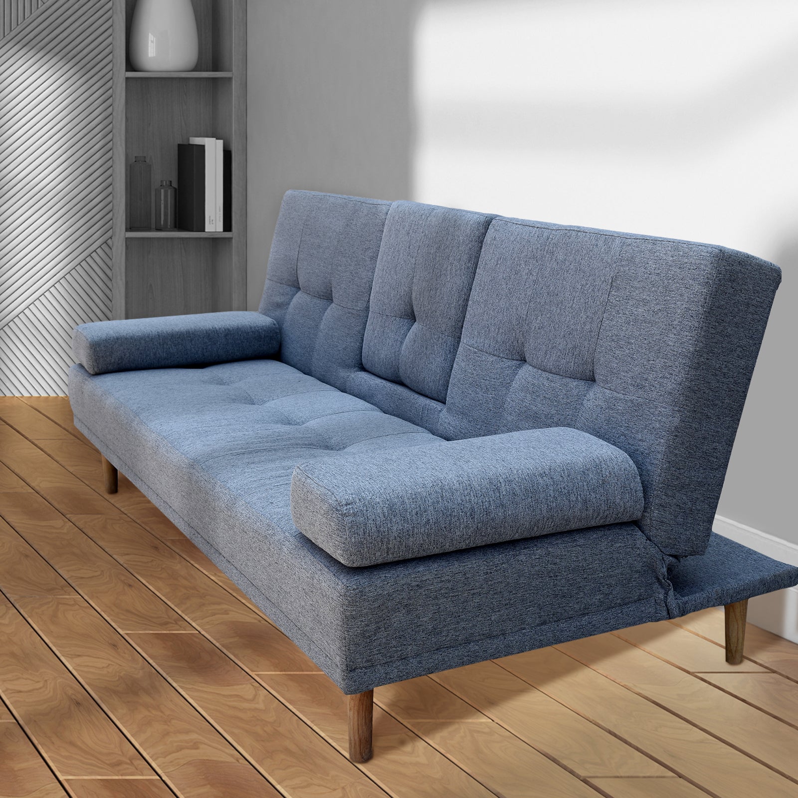 NNEDSZ  Decor Mendoza 2 in 1 Sofa Bed Couch Grey Pull Down Cupholder 3 Seats Futon