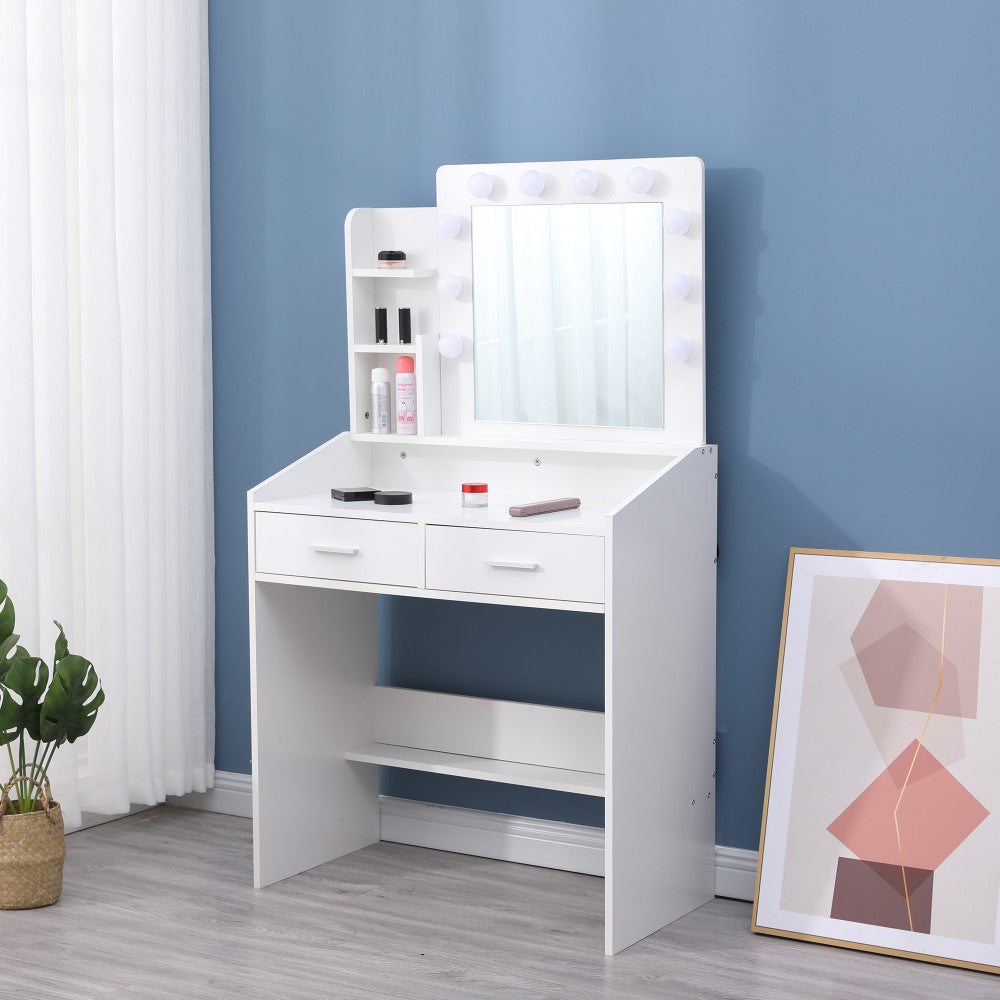 NNEDSZ Diana Vanity Set with Shelves Cushioned Stool and Lighted Mirror- White