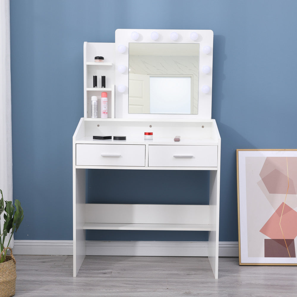 NNEDSZ Diana Vanity Set with Shelves Cushioned Stool and Lighted Mirror- White
