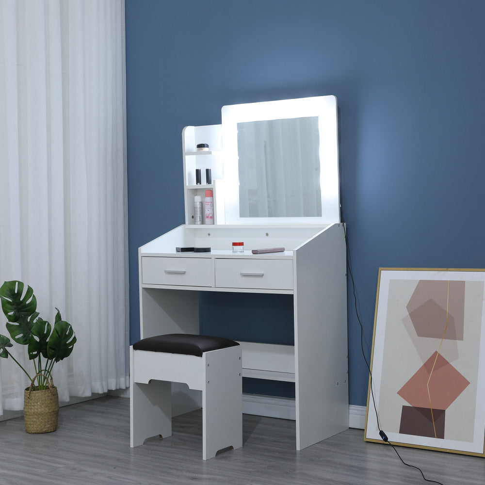 NNEDSZ Diana Vanity Set with Shelves Cushioned Stool and Lighted Mirror- White