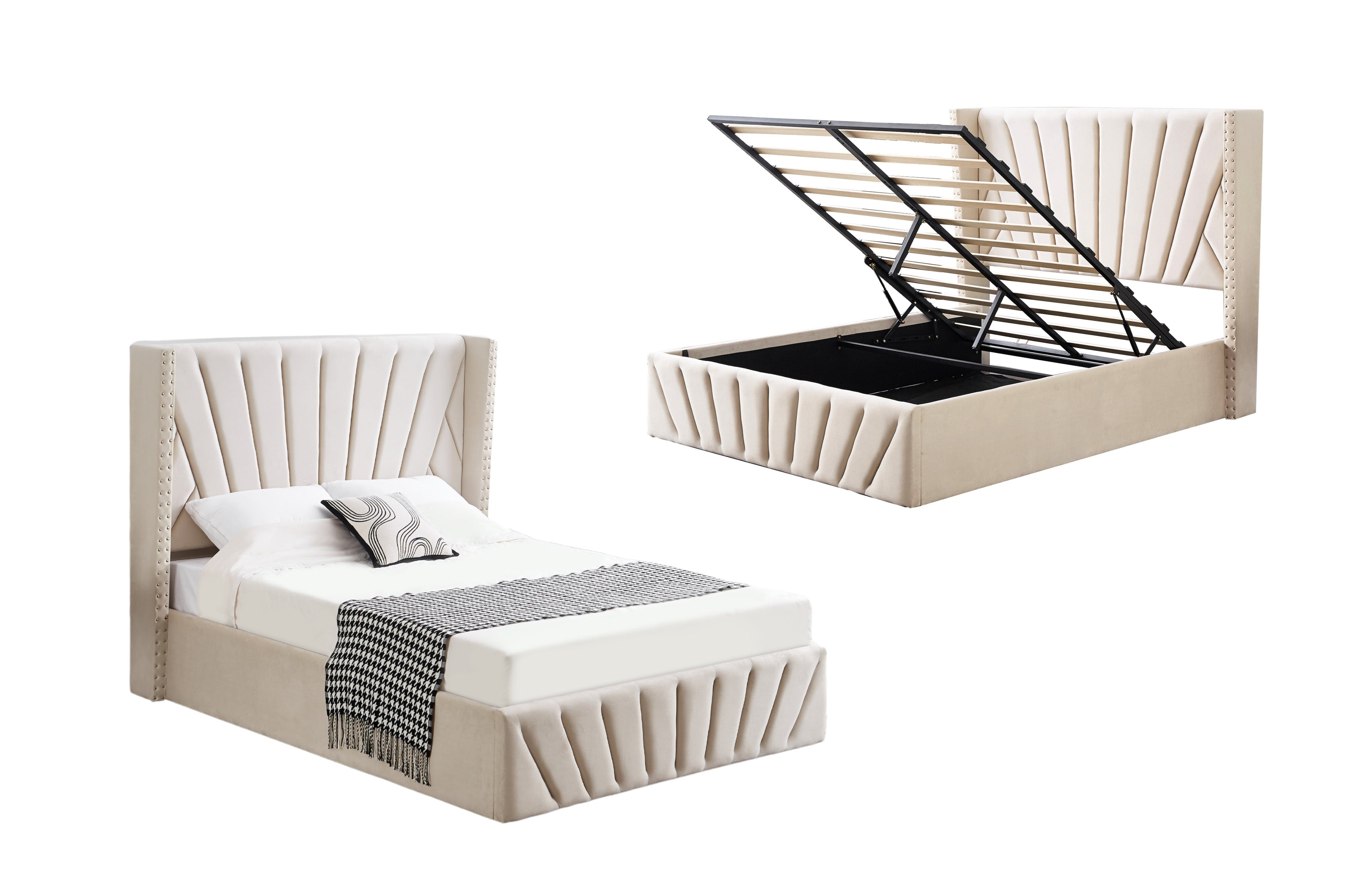 NNEDSZ Allure Beige Velvet Gas Lift Bed - King