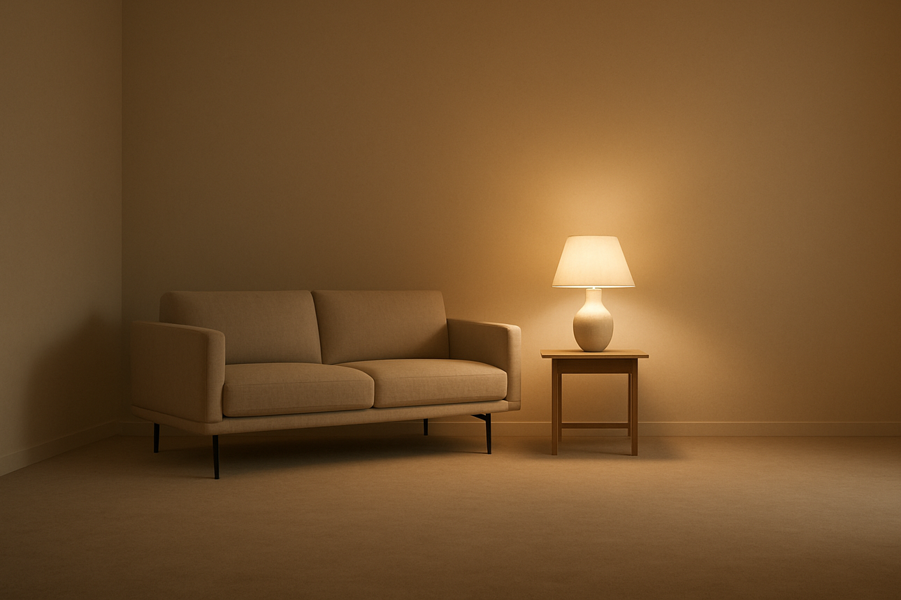 fondo beis con una mesita sencilla pequeña y una lampara con forma bonita emitiendo luz dadnole vida a un ambiente tranquilo, pero que se vea a 7 metro de distancia, no tan cerca, ademas añade un sofa supermoderno a su izquierda y recuerda haver la imagen con distancia, como si estuvieramos a 10 metros